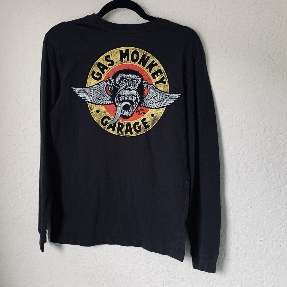 Gas Monkey Garage Shirt Adult S Long Sleeve Spellout Black Graphic Crewneck Tee